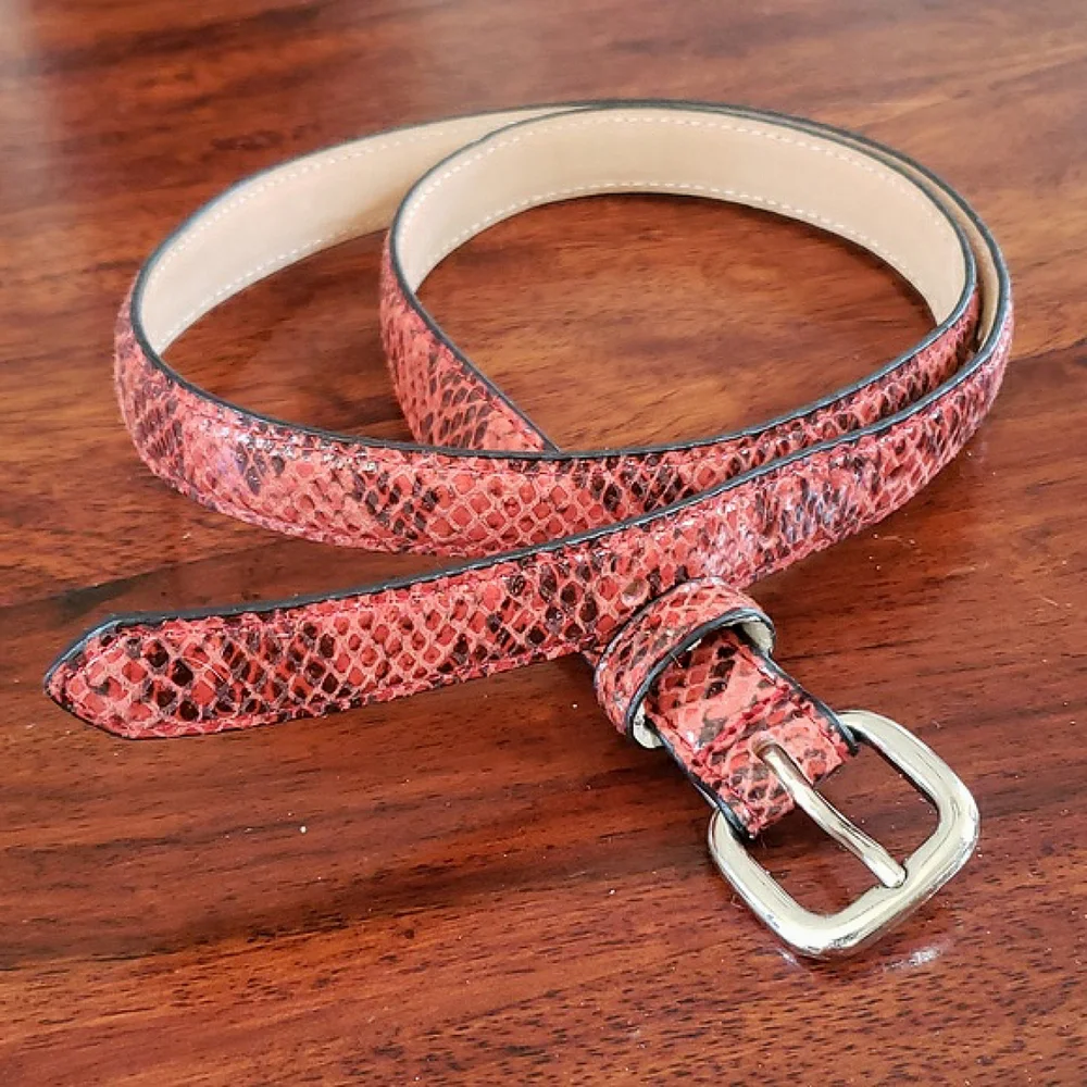 Vintage The Limited Red Black Snake Print Leather Skinny Belt • SMALL